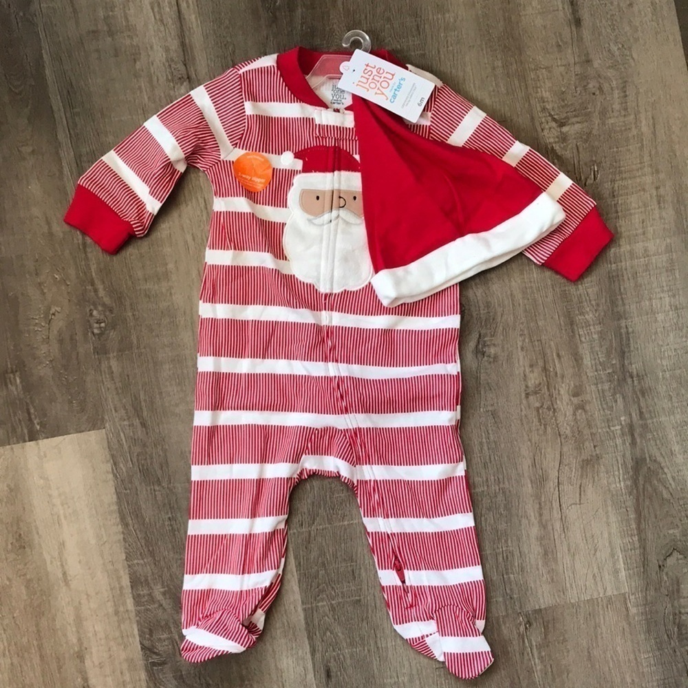 Baby Santa pajama footies size 6 month two way zipper comes with hat